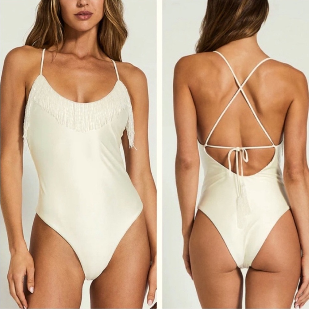 White One-Piece Swimsuit with beaded Fringe